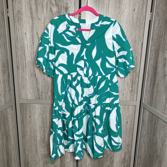 Chico’s Dress Short Layered Puff Sleeves Pockets Green Leaves Poplin Size 4 - Picture 1 of 8
